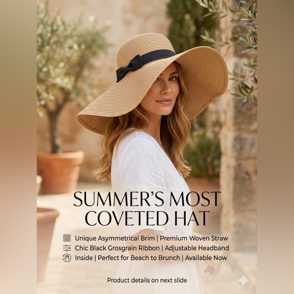 Wide Brim Straw Sun Hat with Black Grosgrain Ribbon NWOT ☀️